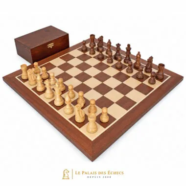 Komplettes French-Knight-Schachset mit Mahagoni-Schachbrett und Birkenbox