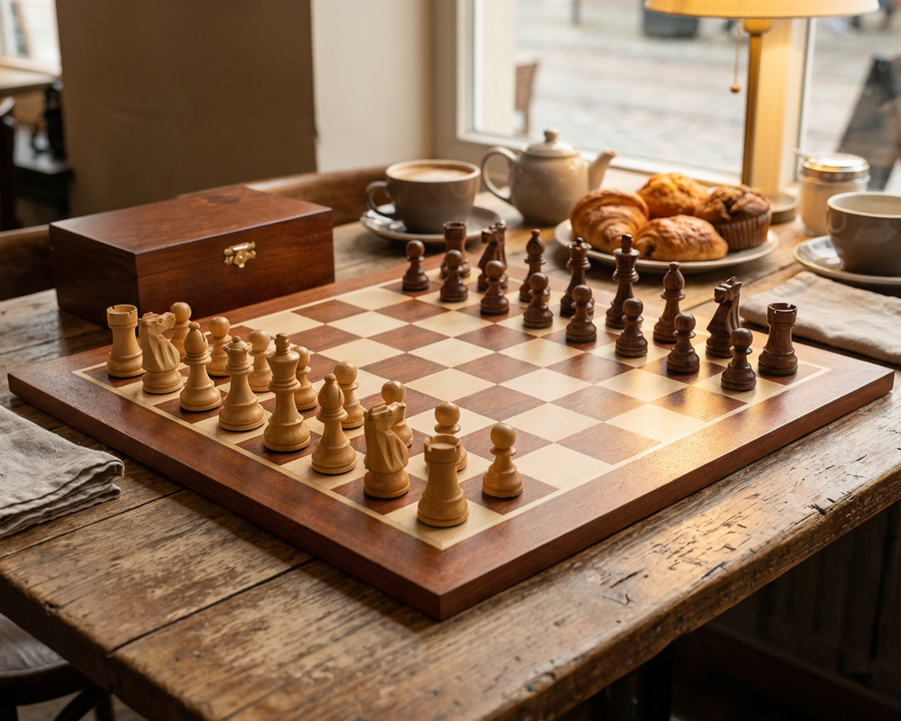 Ensemble French Knight Echiquier en Bois d'Acajou et Erable, Jeu d'Echecs en Bois de Rose Doré et Buis & Coffret de Rangement en Bois de Bouleau
