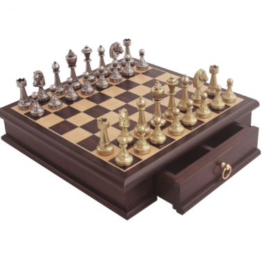 Ensemble Staunton Mix III Echiquier en Bois d'Acajou et Erable avec Compartiment de Rangement & Jeu d'Echecs en Métal Massif