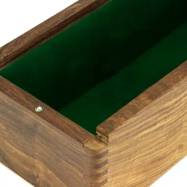 Geöffnete Aufbewahrungsbox, Innenraum mit grünem Filz ausgekleidet