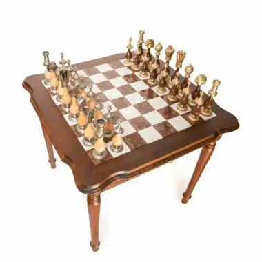 Giant Oriental High-End Set II Holztisch, Toskanischer Alabaster und Carrara Marmor & Schachspiel aus Holz und massivem Messing – Bild 5