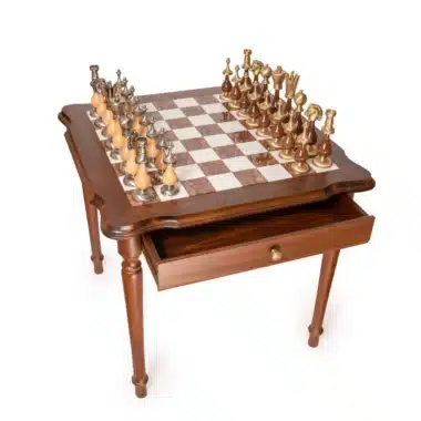 Giant Oriental High-End Set II Holztisch, Toskanischer Alabaster und Carrara Marmor & Schachspiel aus Holz und massivem Messing – Bild 3