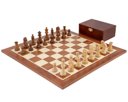 Set Grand Championship Schachbrett aus Ahorn und Mahagoni, Schachspiel aus Rosenholz & Aufbewahrungsbox aus Birkenholz