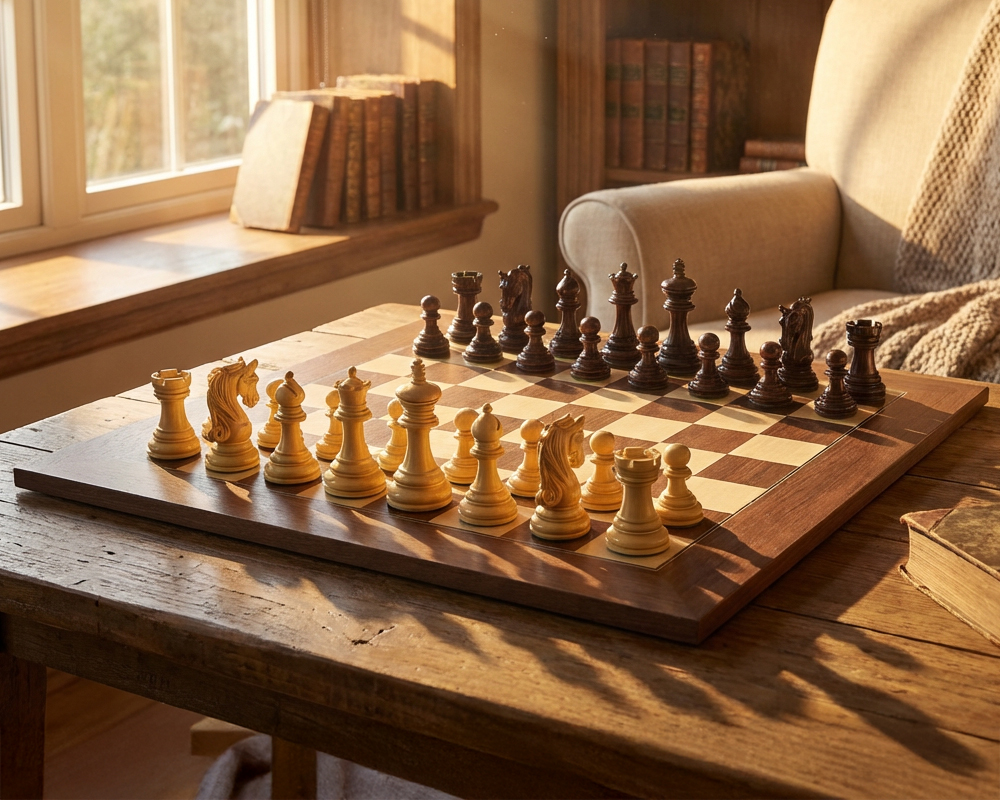 Ensemble Porte du Roi Echiquier en Bois d'Erable & Jeu d'Echecs en Bois de Rose