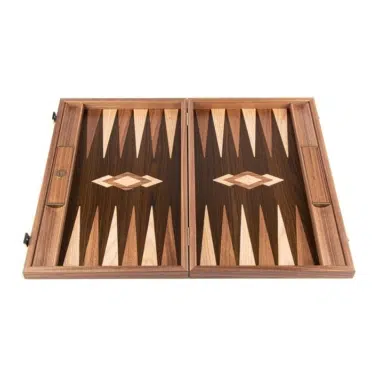 Backgammon Baumstamm Nussbaum geöffnet, Gesamtansicht des leeren Bretts