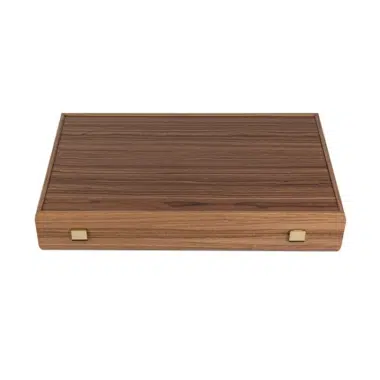 Backgammon aus Nussbaumholz geschlossen, Kasten von vorne mit goldenen Verschlüssen