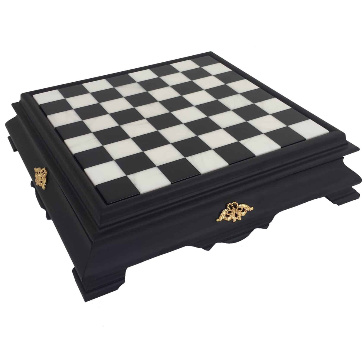 Echiquier Sur Pied Noir et Blanc en Bois et Plateau de Jeu en Marbre de Carrare avec Rangement