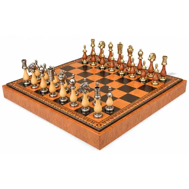 Schachset Arabic Style VIII mit Aufbewahrungsbrett und Staunton-Figuren aus Holz und Metall