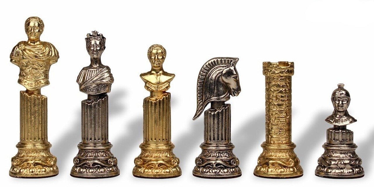 Set Römisches Empire VIII Schachbrett aus Ulmen- und Heideholz und Schachspiel aus Metall – Bild 4