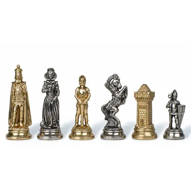 Schachfiguren Mary Stuart aus goldenem und silbernem Metall, Dame, Springer, Turm