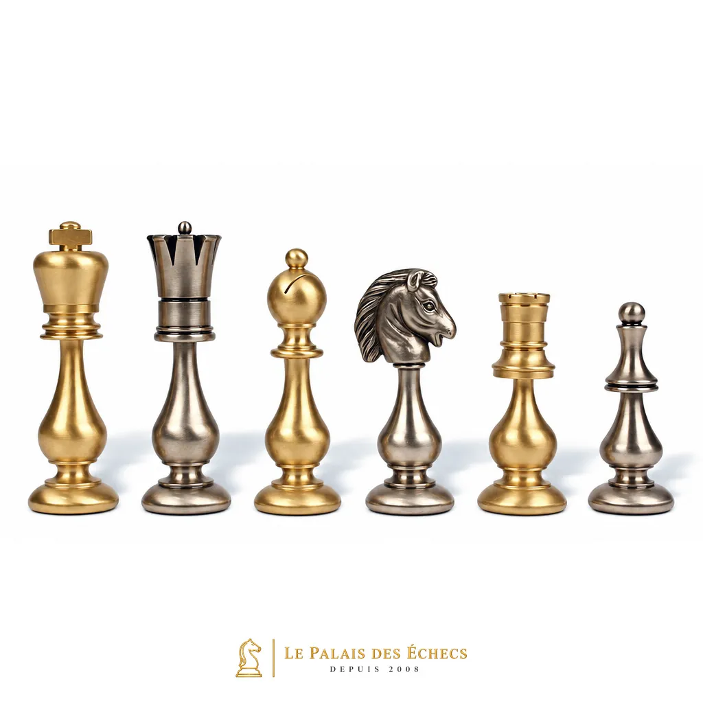 Schachfiguren aus massivem Messing, goldene und silberne Ausführung nebeneinander