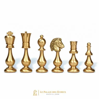 Schachfiguren aus massivem goldfarbenem Messing, König, Bauer, Springer und Turm