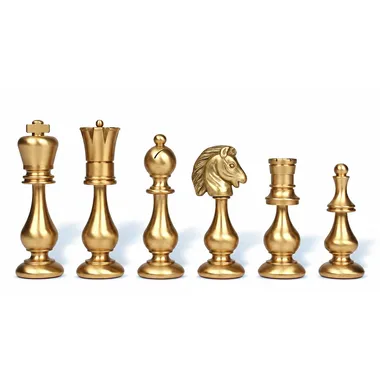 Schachfiguren aus massivem goldfarbenem Messing, König, Bauer, Springer und Turm