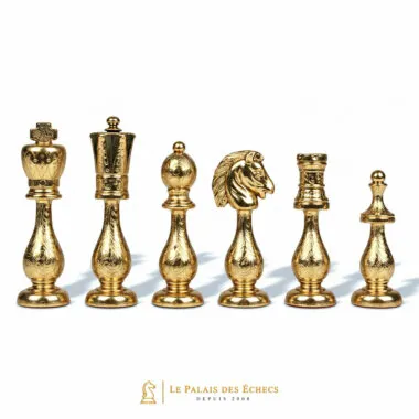 Vergoldete Schachfiguren im Arabic-Stil, Detail von König, Bauer, Springer und Turm