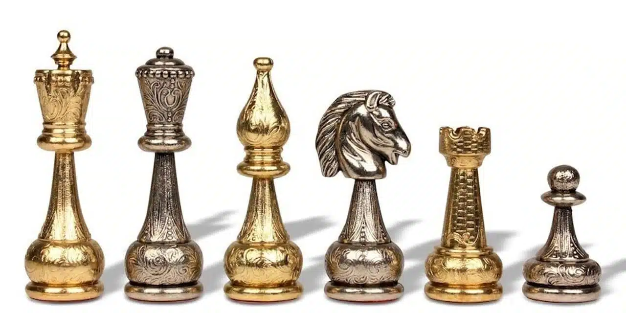 Schachfiguren Flowered, Dame, Läufer, Springer und Turm gold und silber