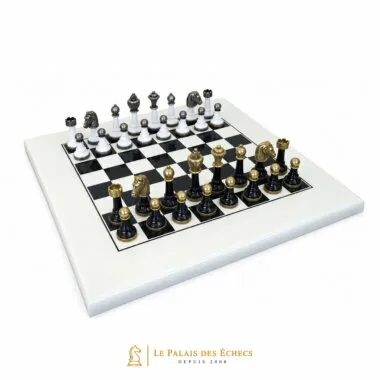 Set "Staunton Design" Schachbrett aus lackiertem Holz & Schachspiel aus schwarz und weiß lackiertem Massivmetall