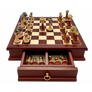 Komplettes Schachset Classic XV mit Schachbrett aus Mahagoni und Ahorn, Schublade offen
