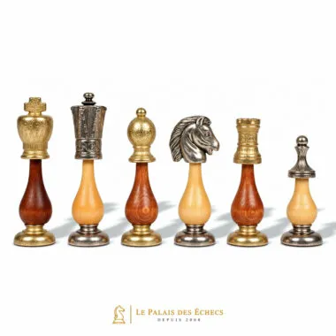 Schachfiguren Arabic Style, Pferdekopf in Silber und Gold, Holzsockel