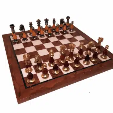 Komplettes Schachset Français V mit Marmor-Schachbrett und Figuren aus Holz und Messing
