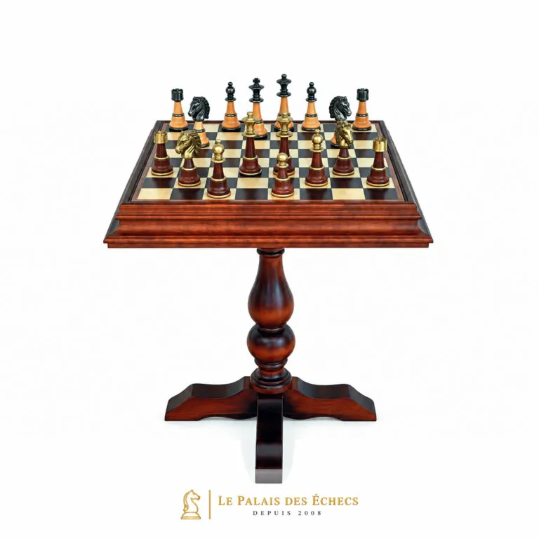 Set "Staunton XL" Schachbretttisch aus Heidekrautwurzel und Schachspiele aus Holz und massivem Messing