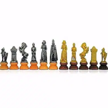 Set "Mary Stuart II" Kunstlederschachbrett & Schachspiel aus Holz und Massivmetall