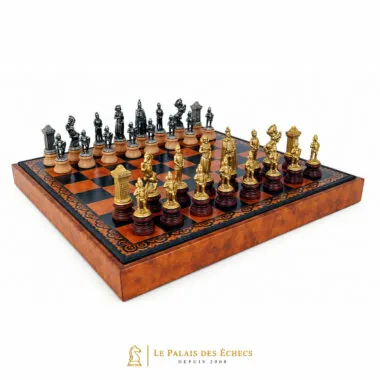 Set "Mary Stuart II" Kunstlederschachbrett & Schachspiel aus Holz und Massivmetall