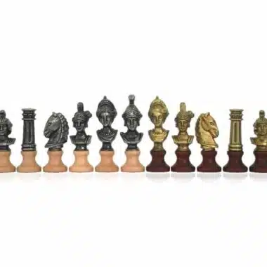 Set "Römische Büsten" Schachbrett aus Kunstleder & Schachspiel aus Holz und Massivmetall