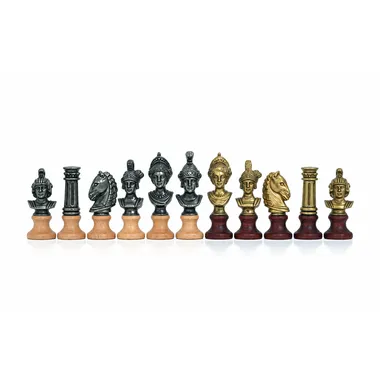 Set "Römische Büsten" Schachbrett aus Kunstleder & Schachspiel aus Holz und Massivmetall