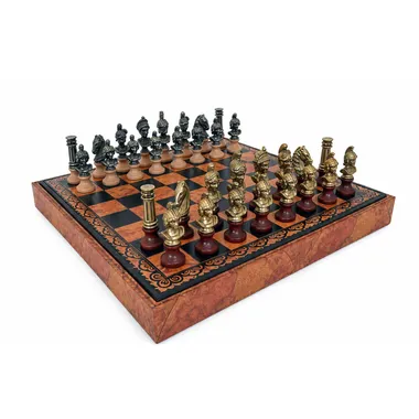 Set "Römische Büsten" Schachbrett aus Kunstleder & Schachspiel aus Holz und Massivmetall
