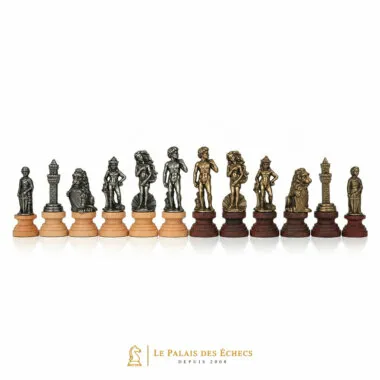 Figuren des Schachspiels Florentine, Metallfiguren auf Holzsockeln