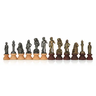 Figuren des Schachspiels Florentine, Metallfiguren auf Holzsockeln