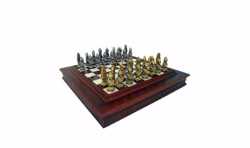 Moncada"-Set Schachbrett aus Massivholz, Toskanisches Alabasterbrett & Schachspiel aus Metall