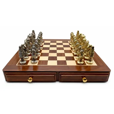 Medieval IV Set mit Ahorn-Schachbrett und vergoldeten und versilberten Metallfiguren