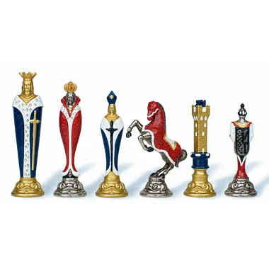 Schachfiguren Renaissance aus bemaltem Metall, König, Bischof, Springer und Turm in Rot