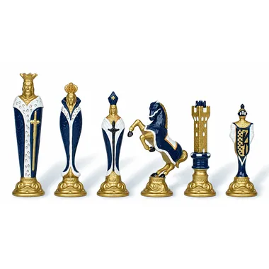 Schachfiguren Renaissance aus bemaltem Metall, blau-goldene Variante, Detailansicht der Figuren