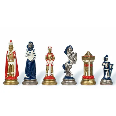 Schachfiguren Mary Stuart, Dame, König, Springer und Turm in Blau und Weiß