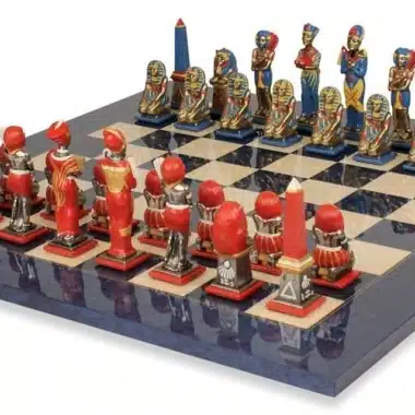 Set Ägypten III Ahornholzschachbrett & Schachspiel aus massivem, handbemaltem Metall