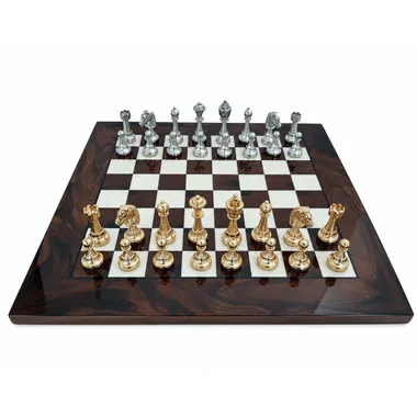 Classic Flower 6 Set, Schachbrett aus Nussbaumwurzelholz mit gold- und silberfarbenen Figuren