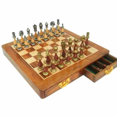 Set Arabischer Stil III Schachbrett aus Gold-Rosenholz und Ahorn & Schachspiel aus Metall und Massivholz