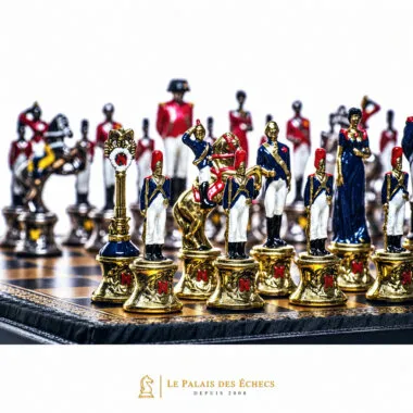 Detailansicht der Napoléon-III-Schachfiguren mit bemalten Soldaten und Reitern