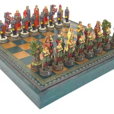 Set Robin Hood Kunstlederschachbrett & handbemaltes Schachspiel aus Harz