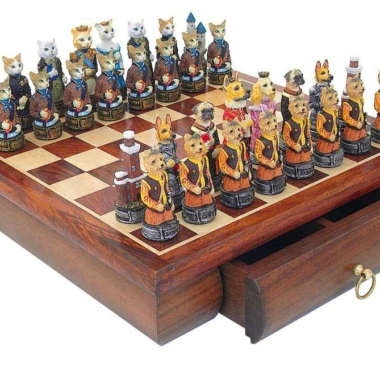Hunde- und Katzen-Schachbrett aus Rosenholz mit Aufbewahrungsschublade & handbemaltem Schachspiel