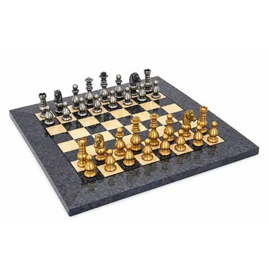 Set "Français II" Schachbrett aus grauem Ahornholz & Schachspiel aus massivem Messing