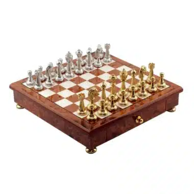 Classic Flower Set 5 Schachbrett mit Aufbewahrungsschublade aus Ulmen- und Wurzelholz und Schachspiel aus vergoldetem/versilbertem Metall