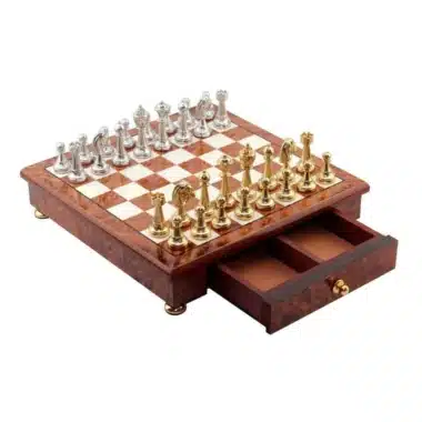 Alternative view of Classic Flower Set 5 Schachbrett mit Aufbewahrungsschublade aus Ulmen- und Wurzelholz und Schachspiel aus vergoldetem/versilbertem Metall
