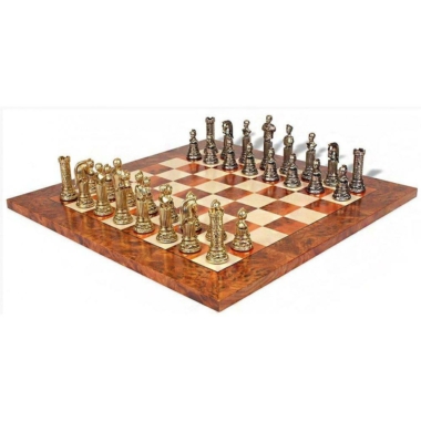 Set Römisches Empire VIII Schachbrett aus Ulmen- und Heideholz und Schachspiel aus Metall