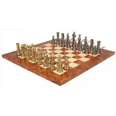 Set Römisches Empire VIII Schachbrett aus Ulmen- und Heideholz und Schachspiel aus Metall