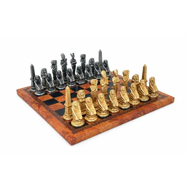 Set "Ägyptisch" Schachbrett aus Kunstleder & Schachspiel aus Massivmetall