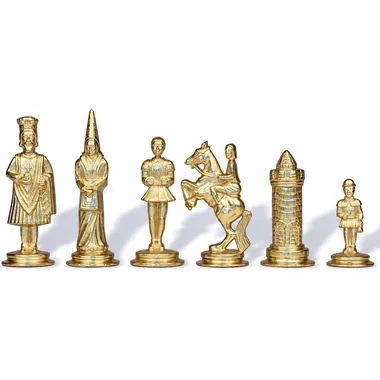 Schachfiguren Camelot in Gold, Soldat und Springer mit Reiterin im Detail
