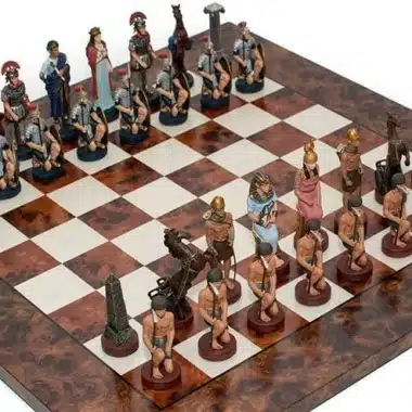 Rom und Ägypten III Schachbrett aus Ulmen- und Heidekrautholz & handbemaltes Schachspiel aus Zinn – Bild 2